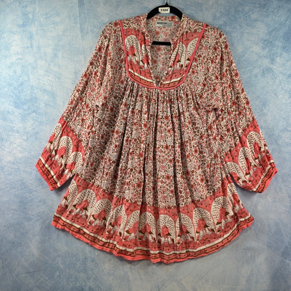 Modern Soul Pink Floral Elephant Print Boho Tunic Top Rayon Split Neck Size S‎